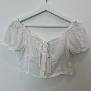 NWT O. Vianca white milkmaid Swiss dot bow cropped short sleeve blouse medium